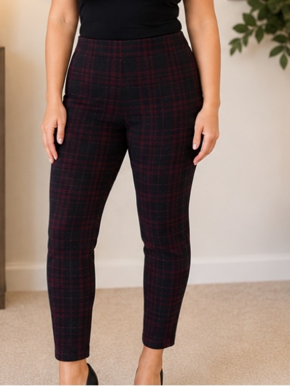 Talbots Black and Burgundy Plaid Skinny Ponte Pants